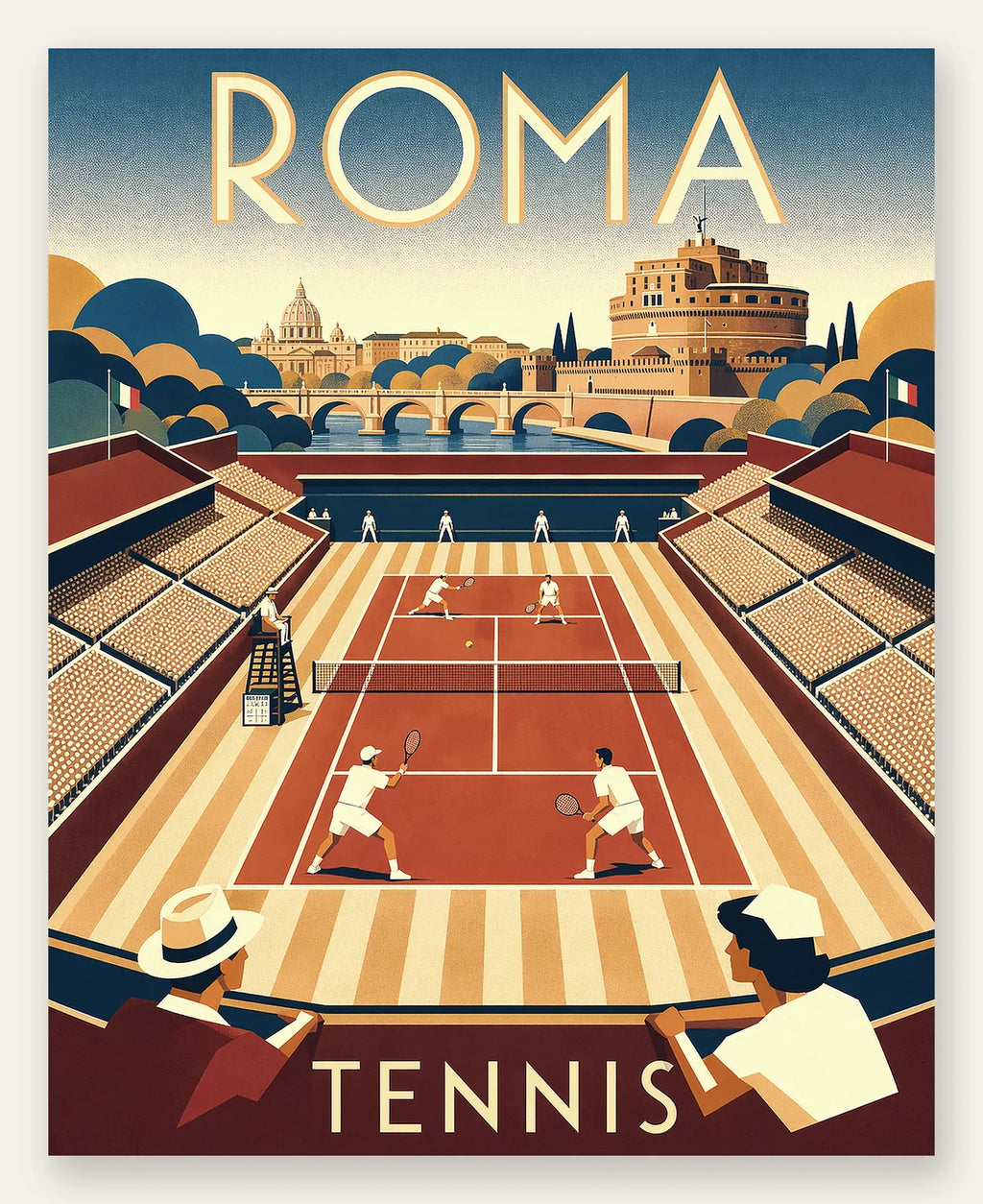 Affiche tennis Rome panorama Art Deco, vue aerienne terre battue et skyline romain