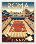 Affiche tennis Rome panorama Art Deco, vue aerienne terre battue et skyline romain
