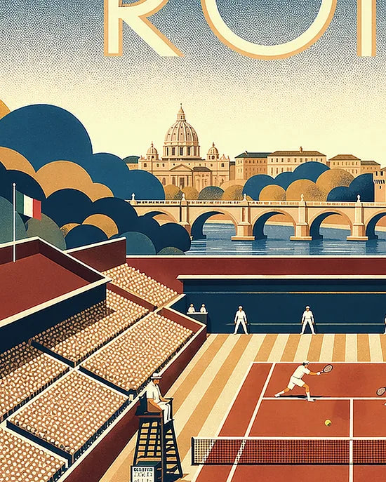Gros plan sur le court de tennis et le skyline du Castel Sant'Angelo