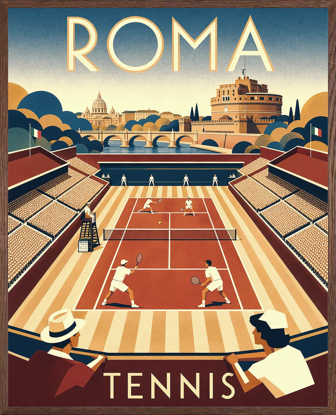 Cadre chene clair entourant l'affiche tennis Rome panorama vintage