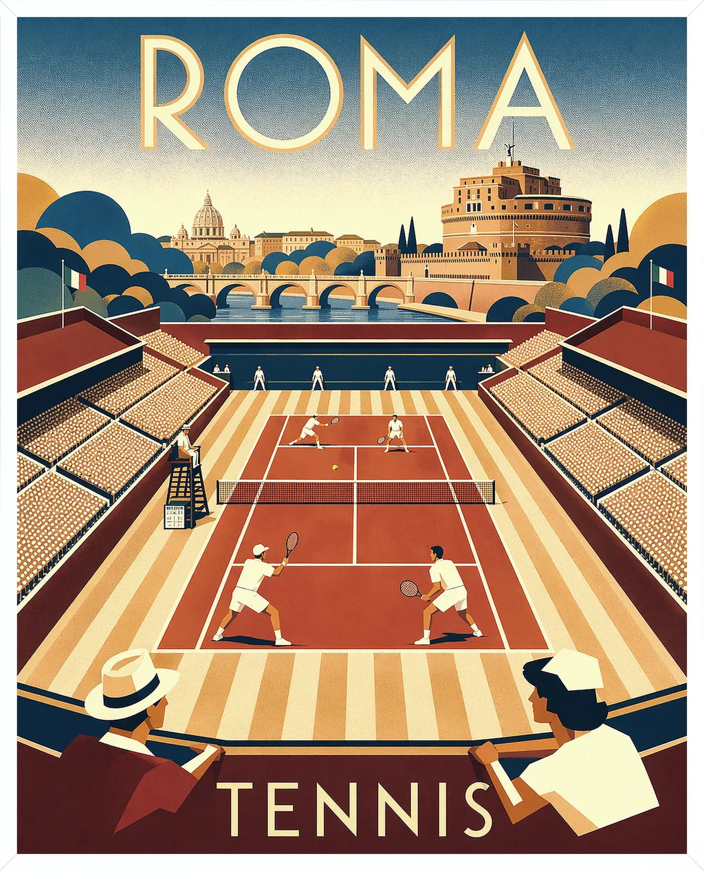 Cadre blanc epure presentant l'affiche tennis Rome panorama skyline