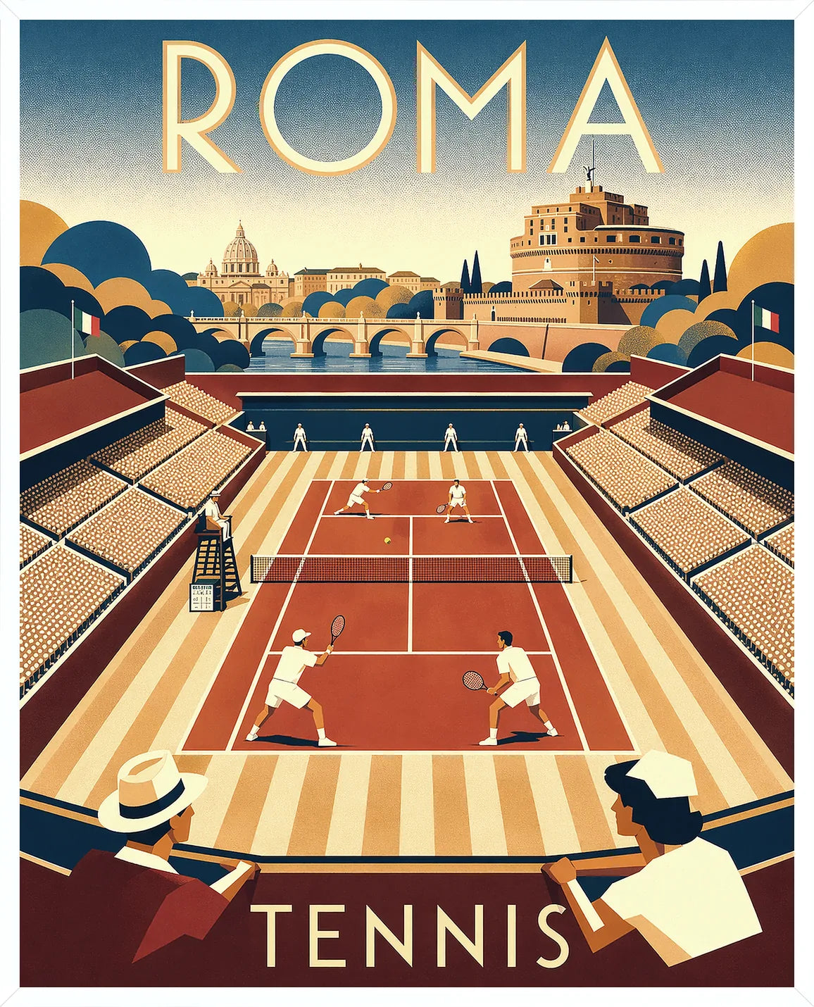 Cadre blanc epure presentant l'affiche tennis Rome panorama skyline
