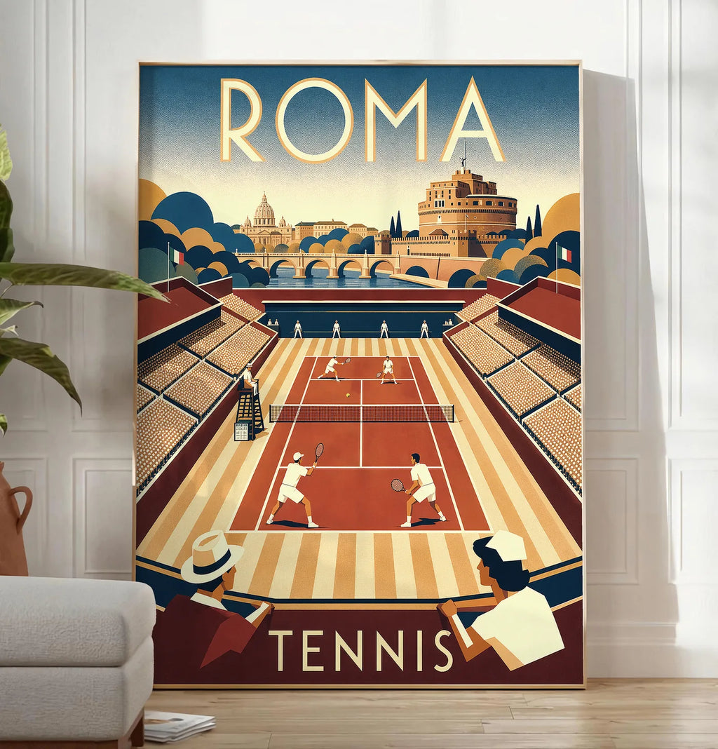 Reproduction affiche tennis Rome panorama Art Deco, posee au sol dans un salon minimaliste clair, a cote d'un canape beige et d'une plante verte, sur un parquet clair