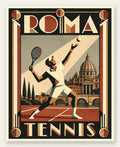 Affiche tennis Rome Art Deco, joueur au service et dome de Saint-Pierre en fond