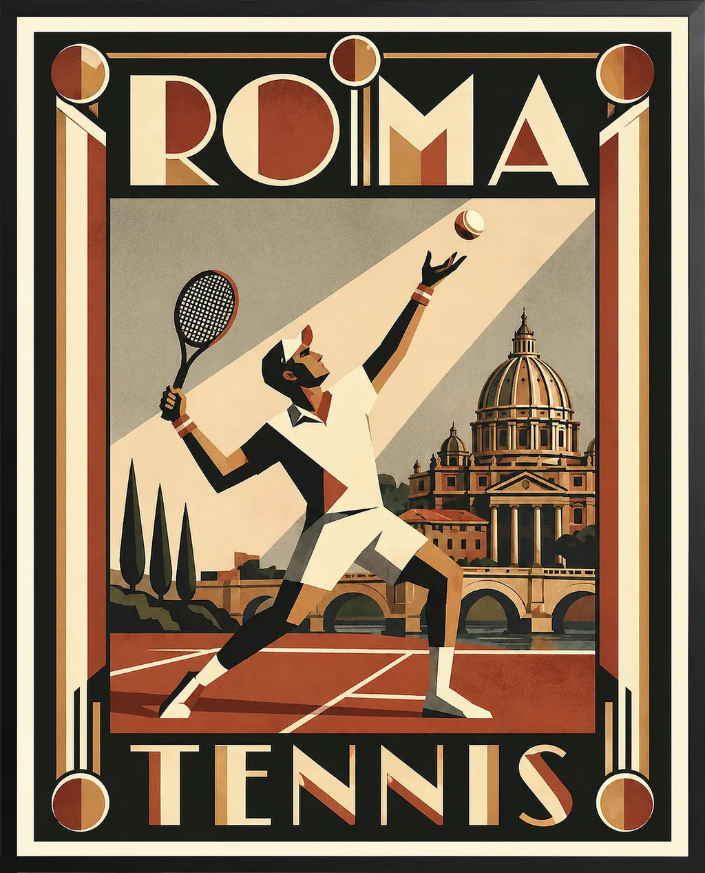 Encadrement noir mat autour de l'affiche tennis Rome service diagonale
