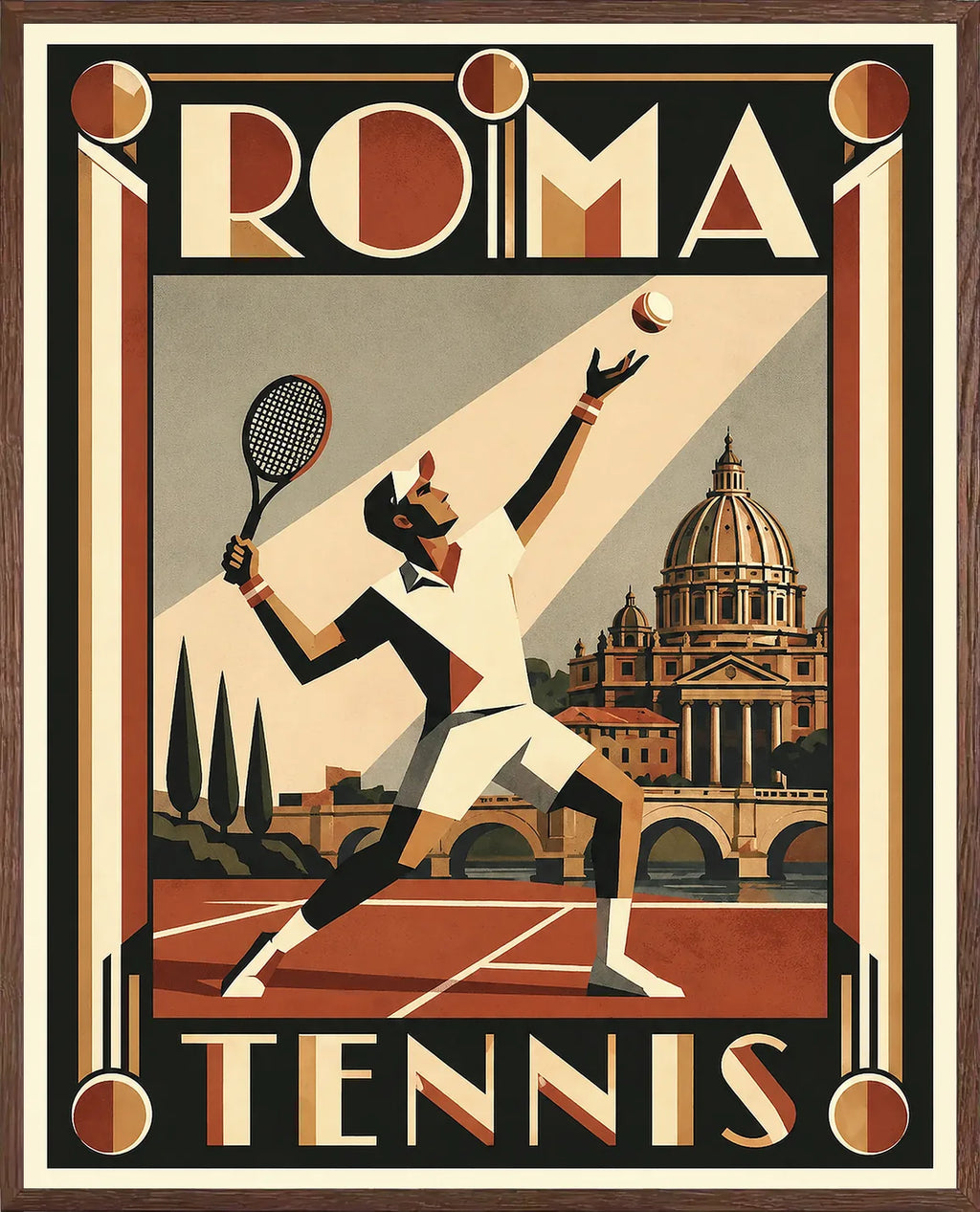 Cadre chene clair entourant l'affiche tennis Rome joueur service Saint-Pierre