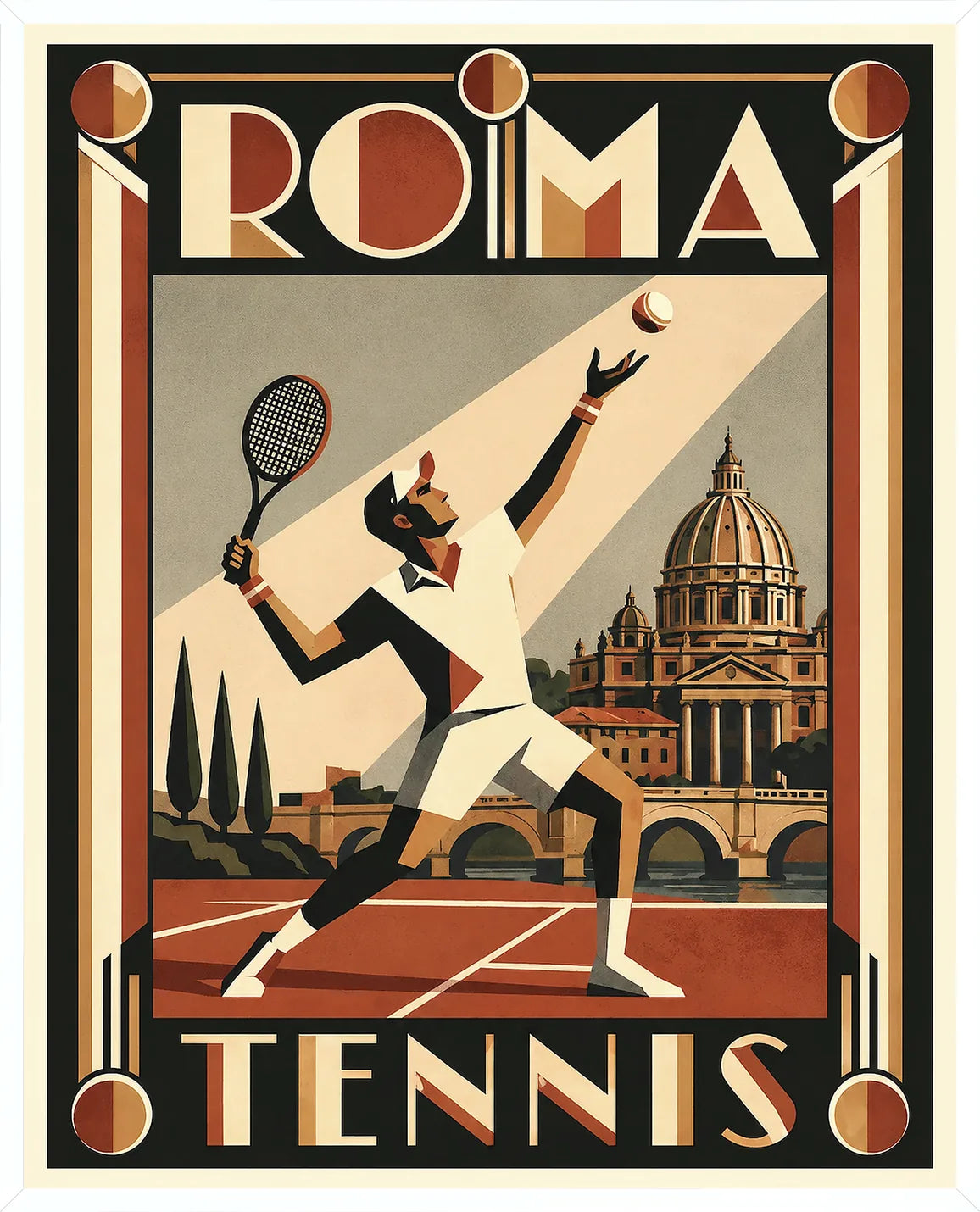 Cadre blanc epure presentant l'affiche tennis Rome joueur service