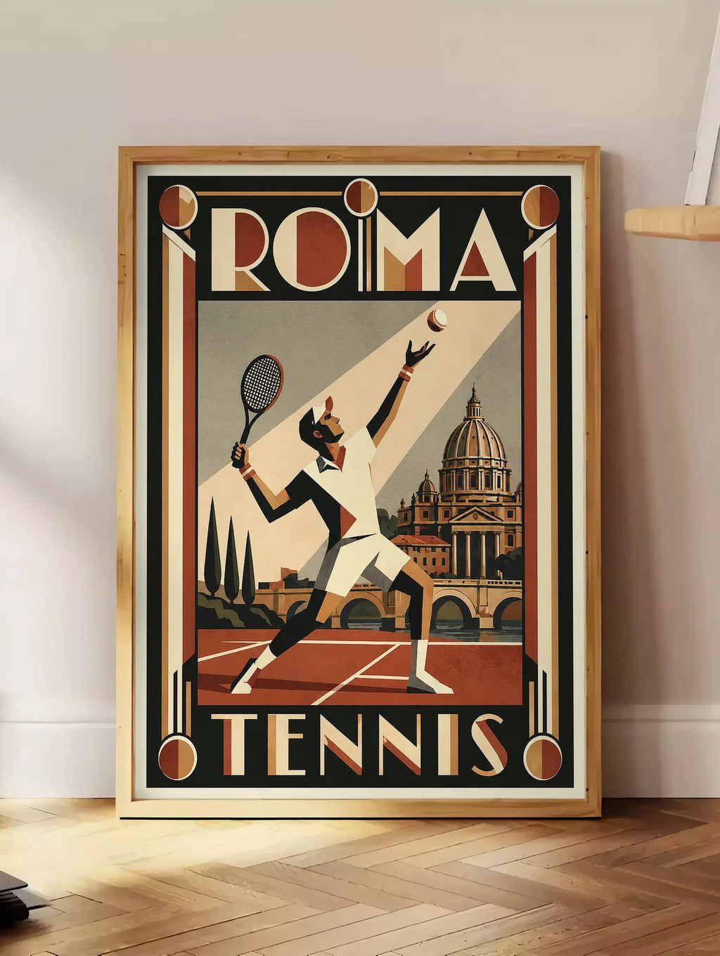 Estampe affiche tennis Rome Art Deco, posee au sol dans un coin salon, sur un parquet a chevrons, pres d'une table d'appoint en chene chargee de livres