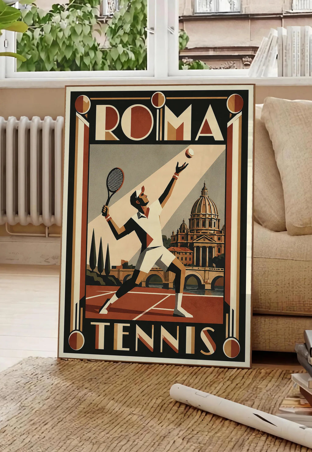 Poster affiche tennis Rome Art Deco, posee au sol dans un salon parisien, devant une grande fenetre donnant sur un immeuble haussmannien, entre un ficus et un canape creme