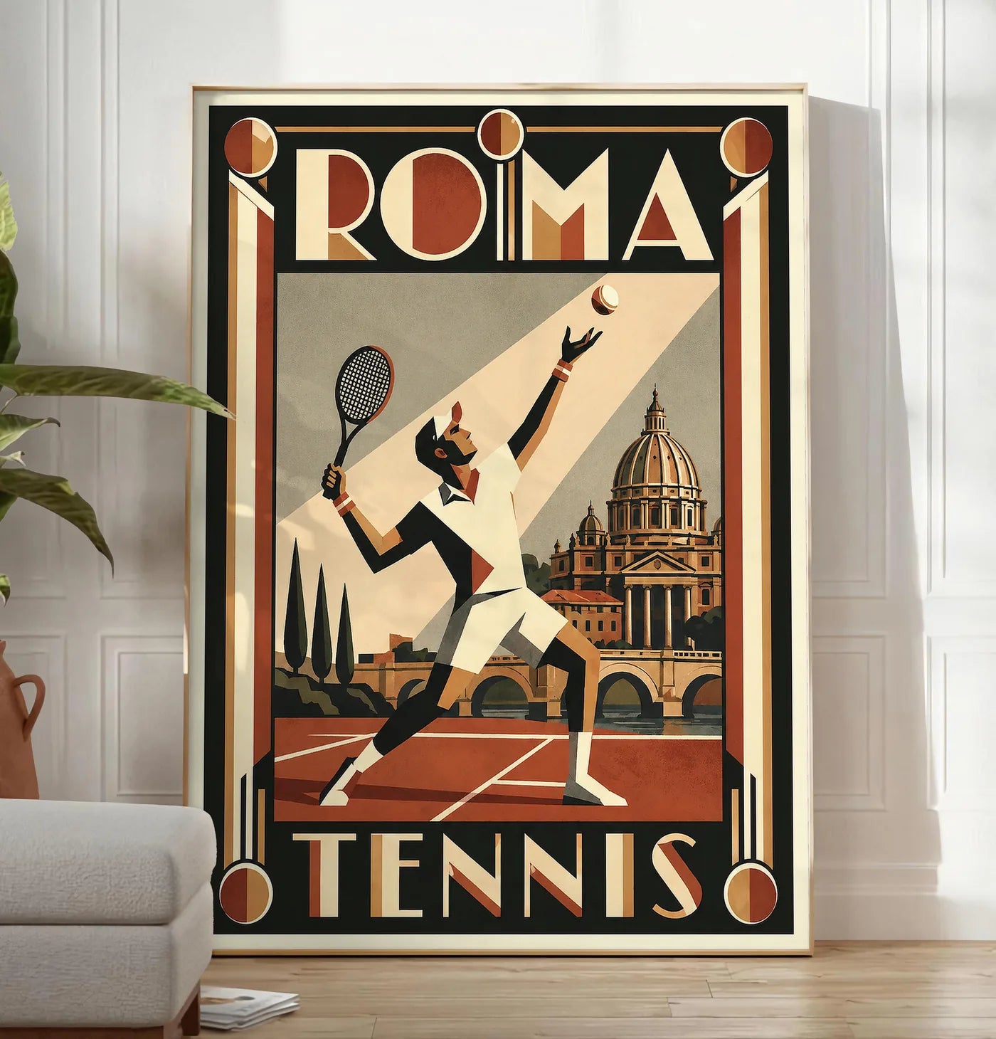 Reproduction affiche tennis Rome Art Deco, posee au sol dans un salon minimaliste clair, a cote d'un canape beige et d'une plante verte, sur un parquet clair