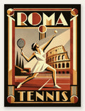 Affiche tennis Rome Art Deco, vue aerienne court terre battue et Castel Sant'Angelo