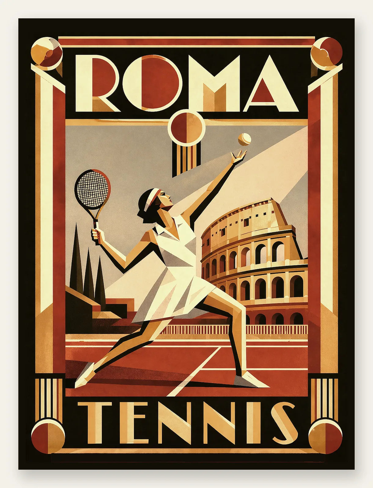 Affiche tennis Rome Art Deco, vue aerienne court terre battue et Castel Sant'Angelo