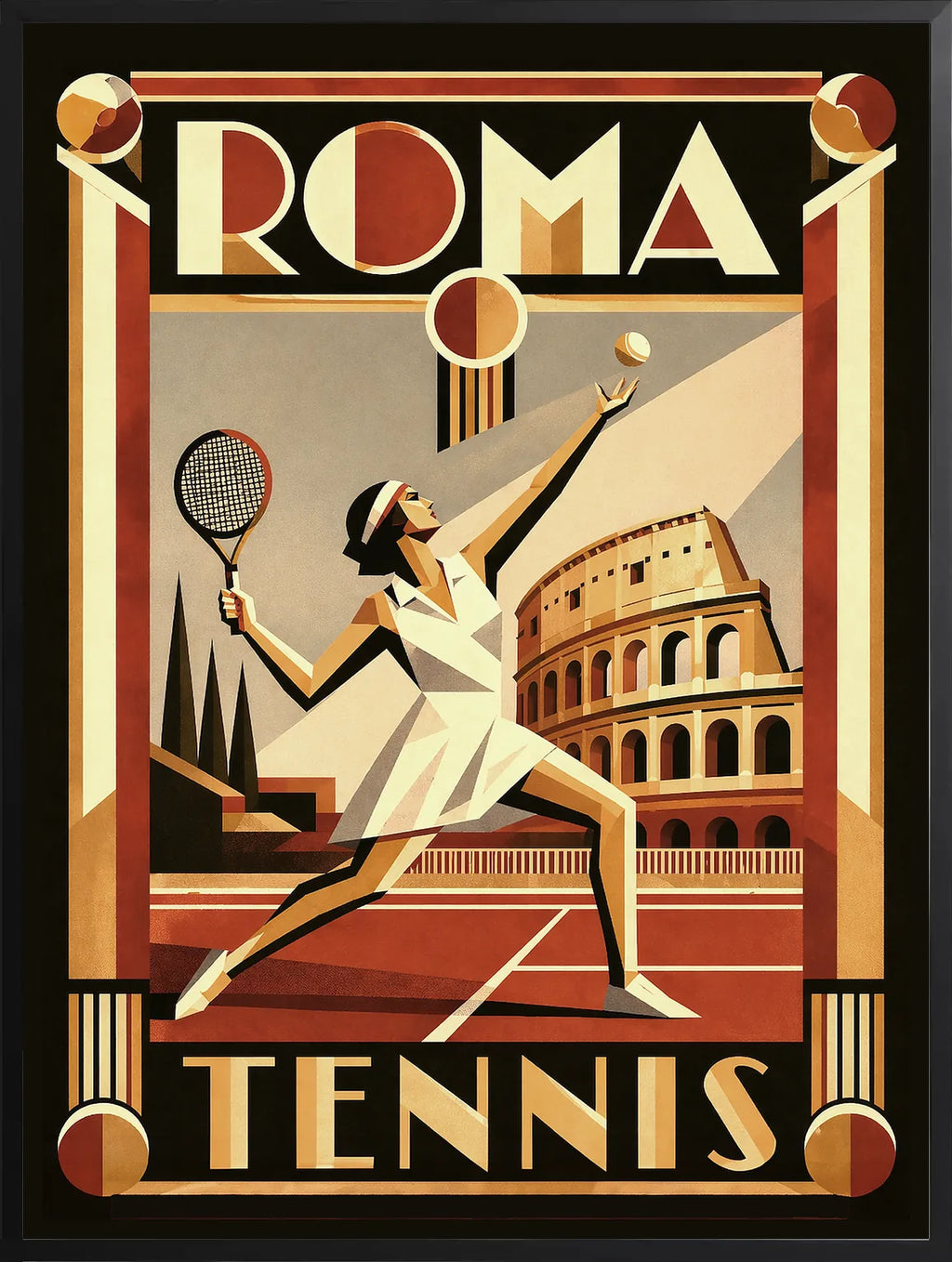 Encadrement noir mat autour de l'affiche tennis Rome vue aerienne
