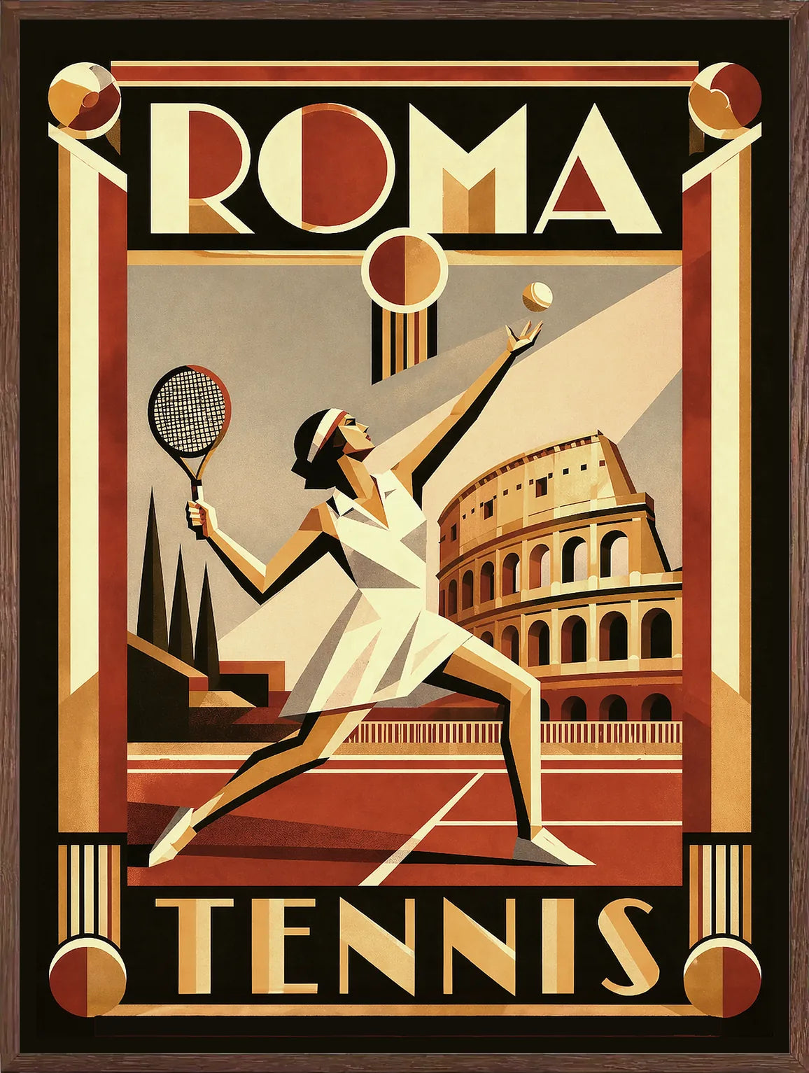 Cadre chene clair entourant l'affiche tennis Rome vue aerienne Art Deco