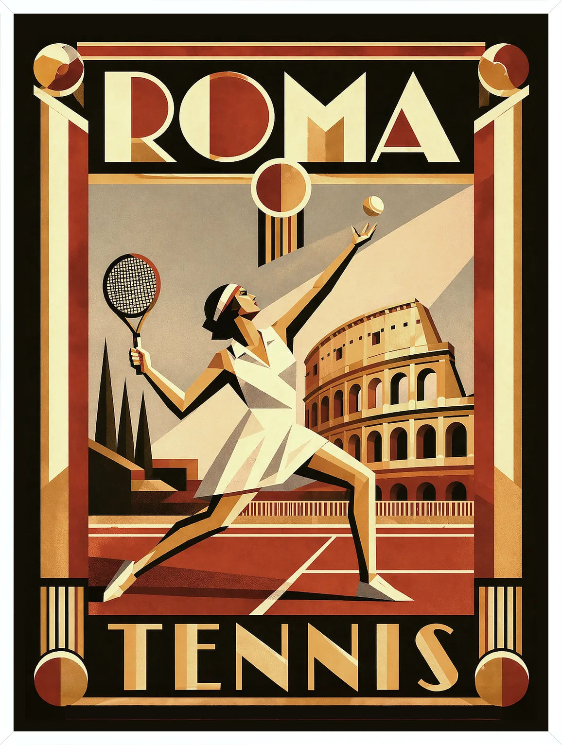Cadre blanc epure presentant l'affiche tennis Rome vue aerienne Art Deco