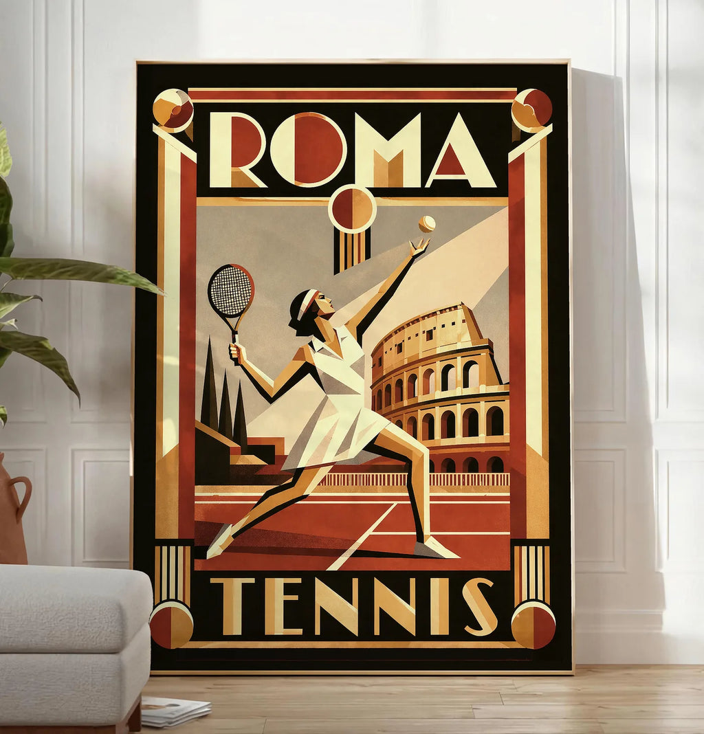 Reproduction affiche tennis Rome Art Deco, posee au sol dans un salon minimaliste clair, a cote d'un canape beige et d'une plante verte, sur un parquet clair