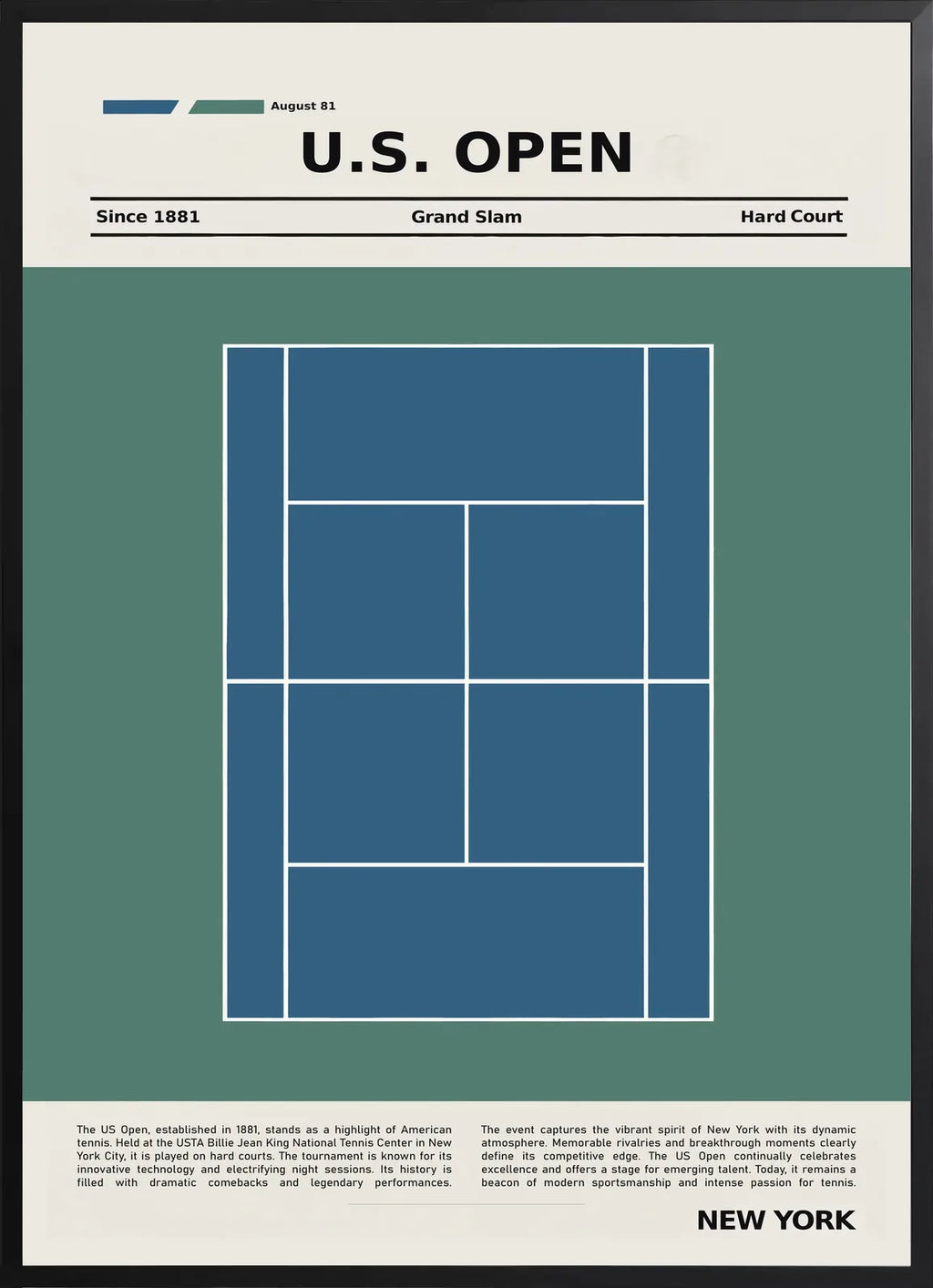 Encadrement noir mat autour de plan de court de tennis en dur bleu, US Open New York