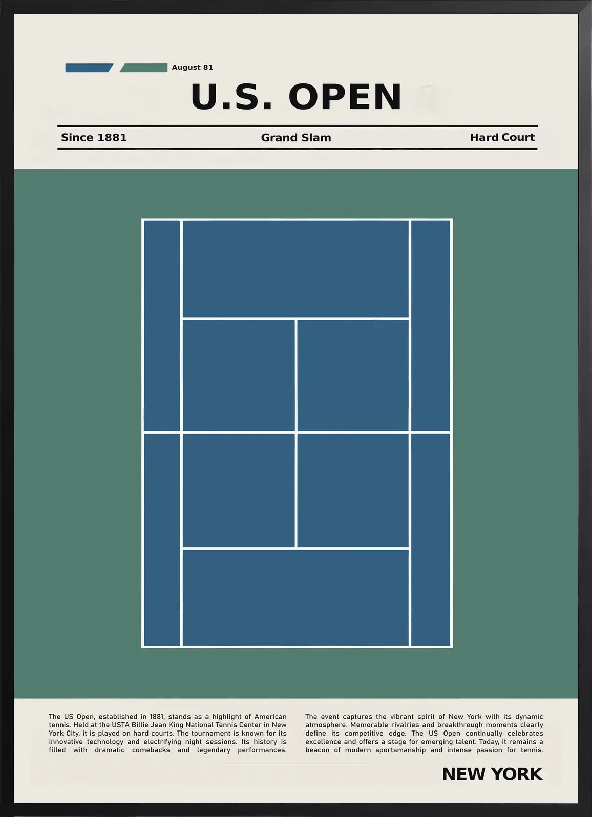 Encadrement noir mat autour de plan de court de tennis en dur bleu, US Open New York