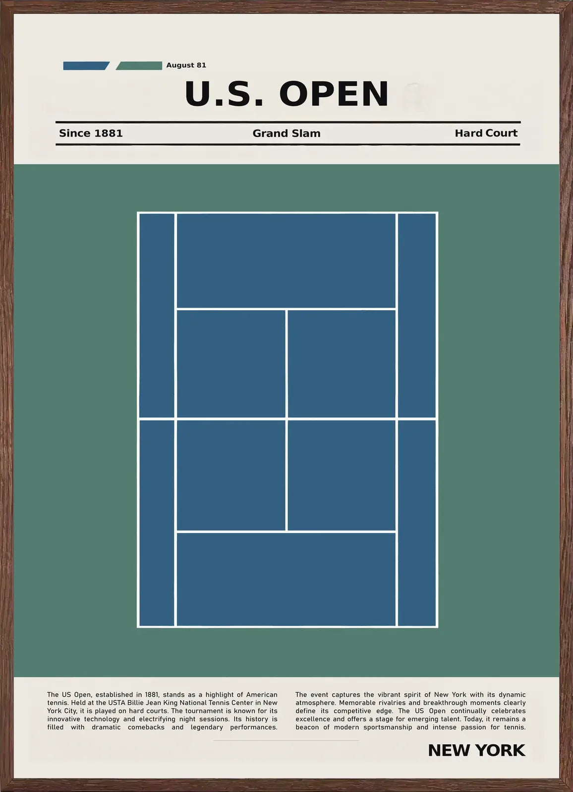 Cadre chene clair entourant plan de court de tennis en dur bleu, US Open New York