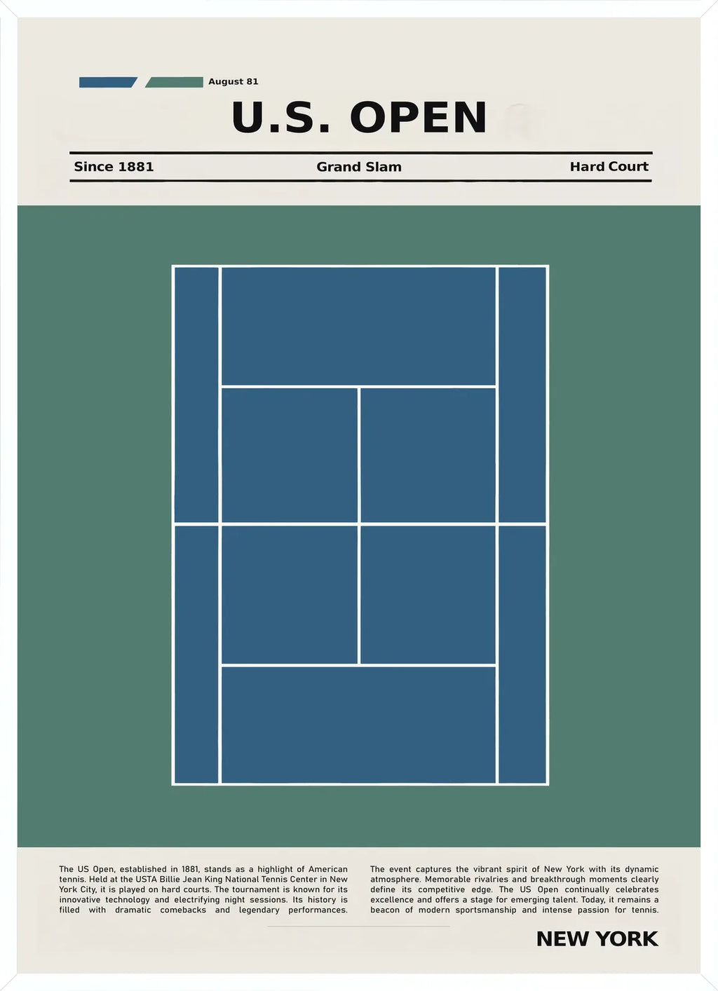 Cadre blanc epure presentant plan de court de tennis en dur bleu, US Open New York