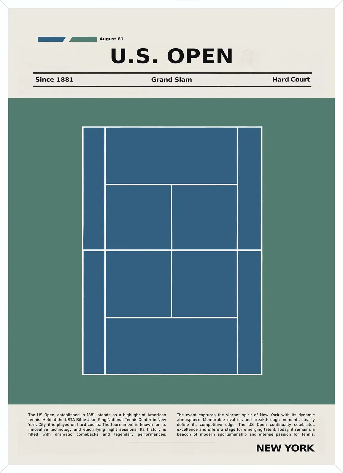 Cadre blanc epure presentant plan de court de tennis en dur bleu, US Open New York