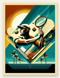Joueur de tennis de profil a la raquette, soleil et palmiers vintage