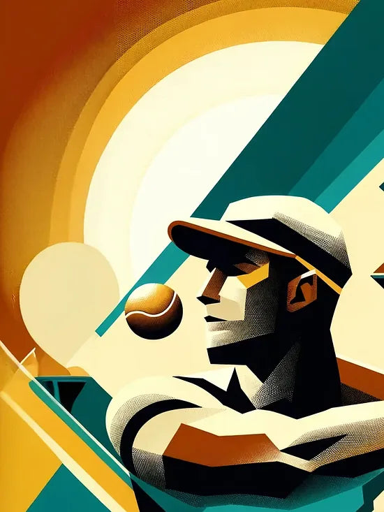 Gros plan sur joueur de tennis de profil a la raquette, soleil et palmiers vintage