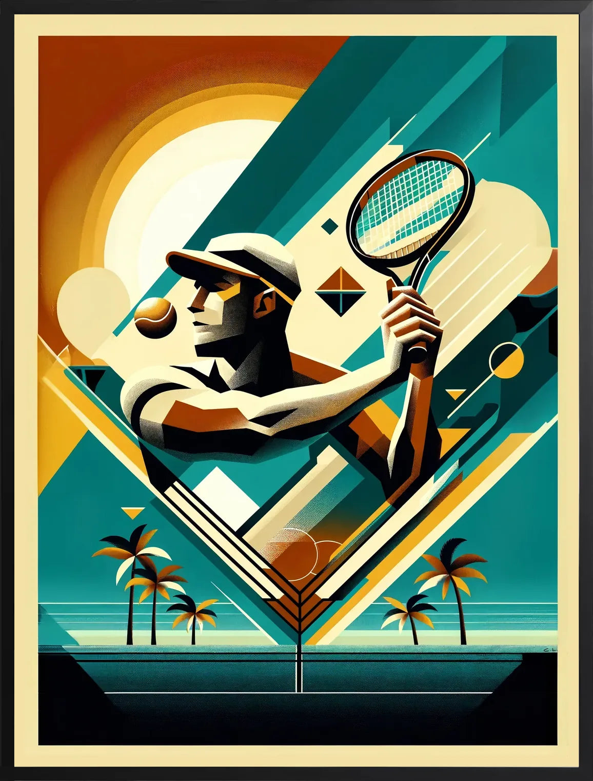 Encadrement noir mat autour de joueur de tennis de profil a la raquette, soleil et palmiers vintage