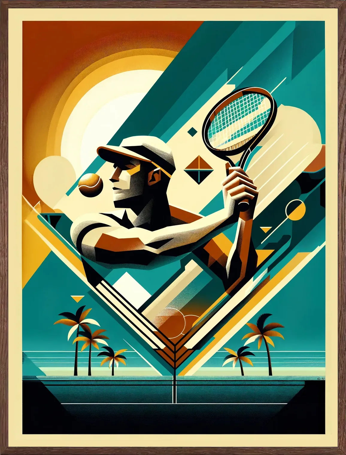 Cadre chene clair entourant joueur de tennis de profil a la raquette, soleil et palmiers vintage
