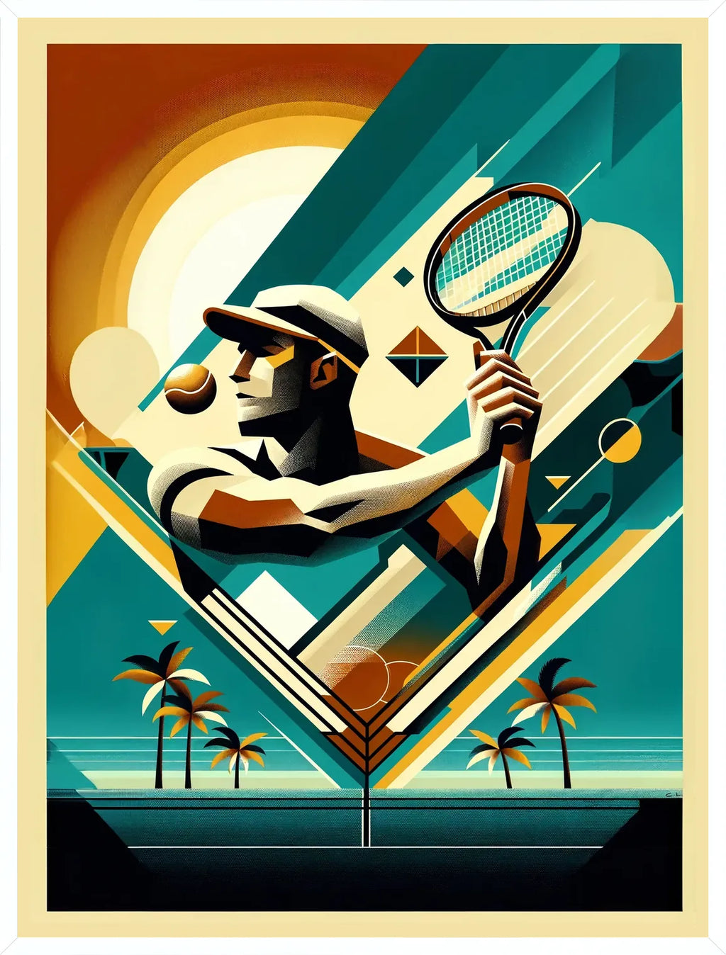 Cadre blanc epure presentant joueur de tennis de profil a la raquette, soleil et palmiers vintage