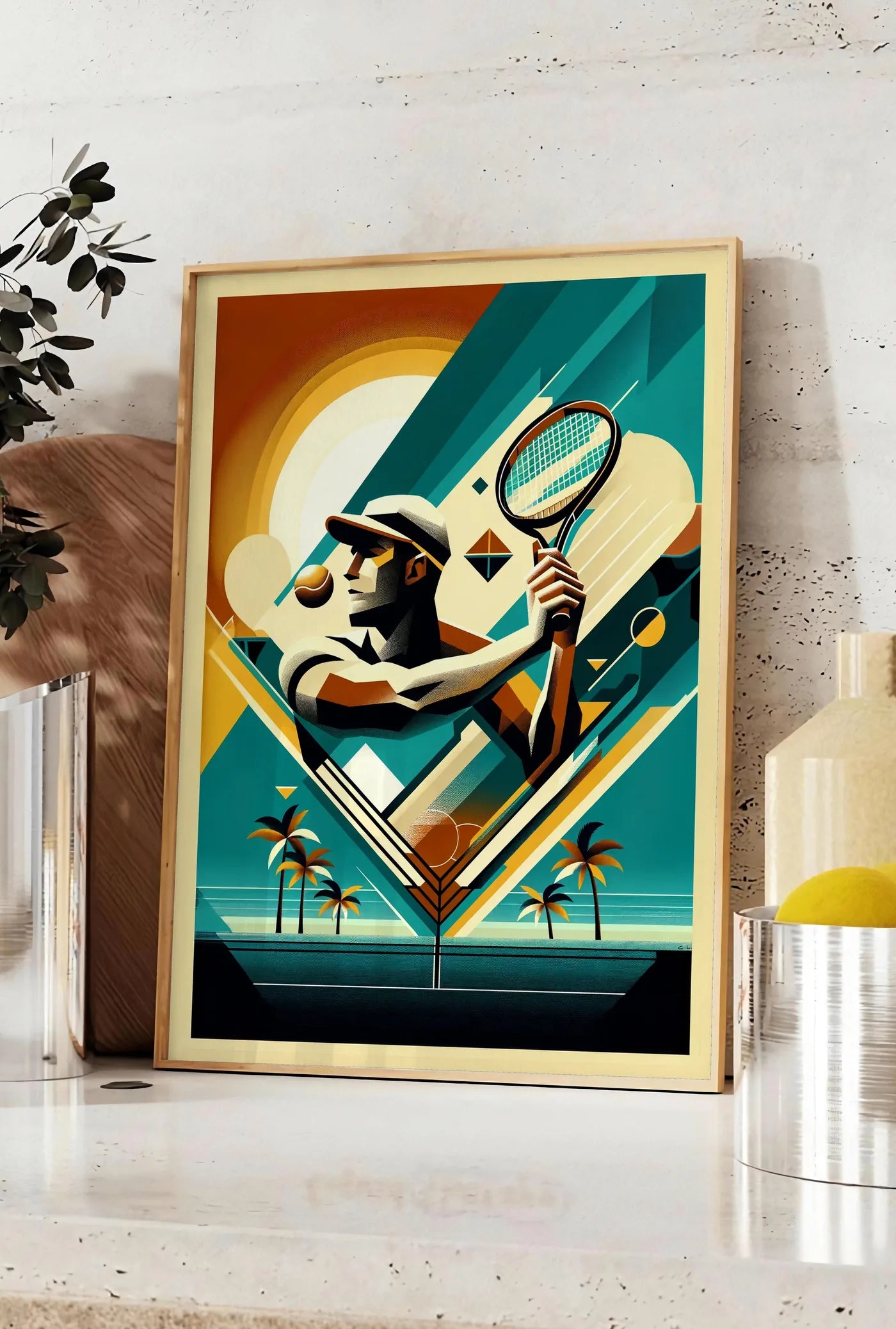 Affiche joueur de tennis de profil a la raquette, posee sur un plan de travail de cuisine en pierre claire, entre une branche d'eucalyptus en vase et un bocal de citrons