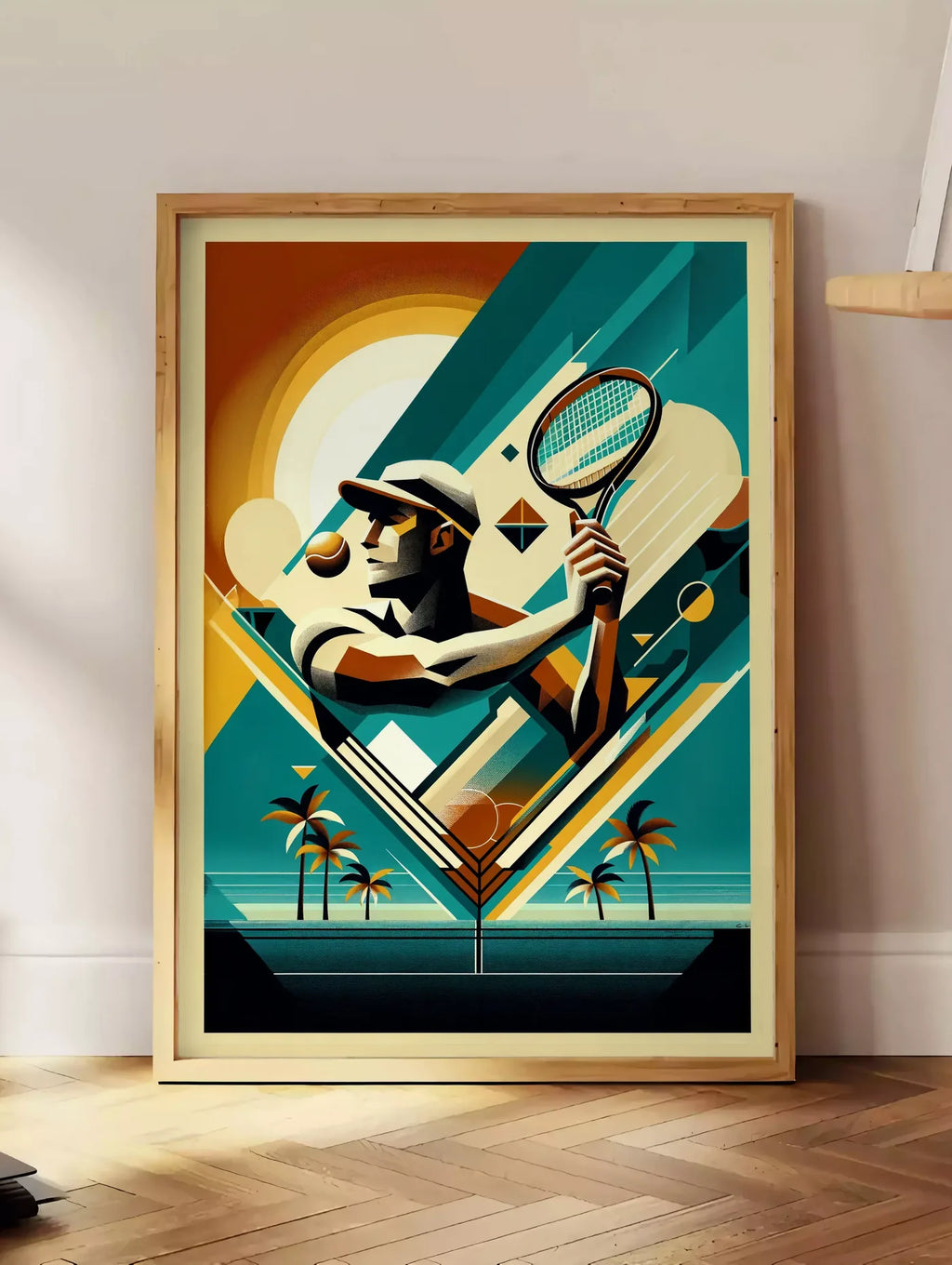 Estampe joueur de tennis de profil a la raquette, posee au sol dans un coin salon, sur un parquet a chevrons, pres d'une table d'appoint en chene chargee de livres