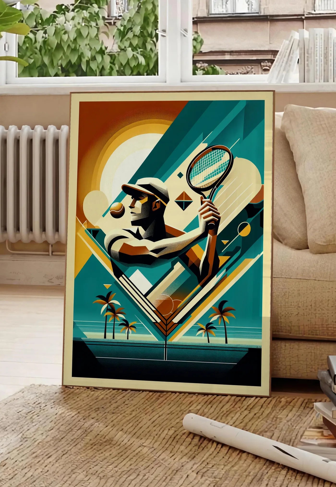 Poster joueur de tennis de profil a la raquette, posee au sol dans un salon parisien, devant une grande fenetre donnant sur un immeuble haussmannien, entre un ficus et un canape creme