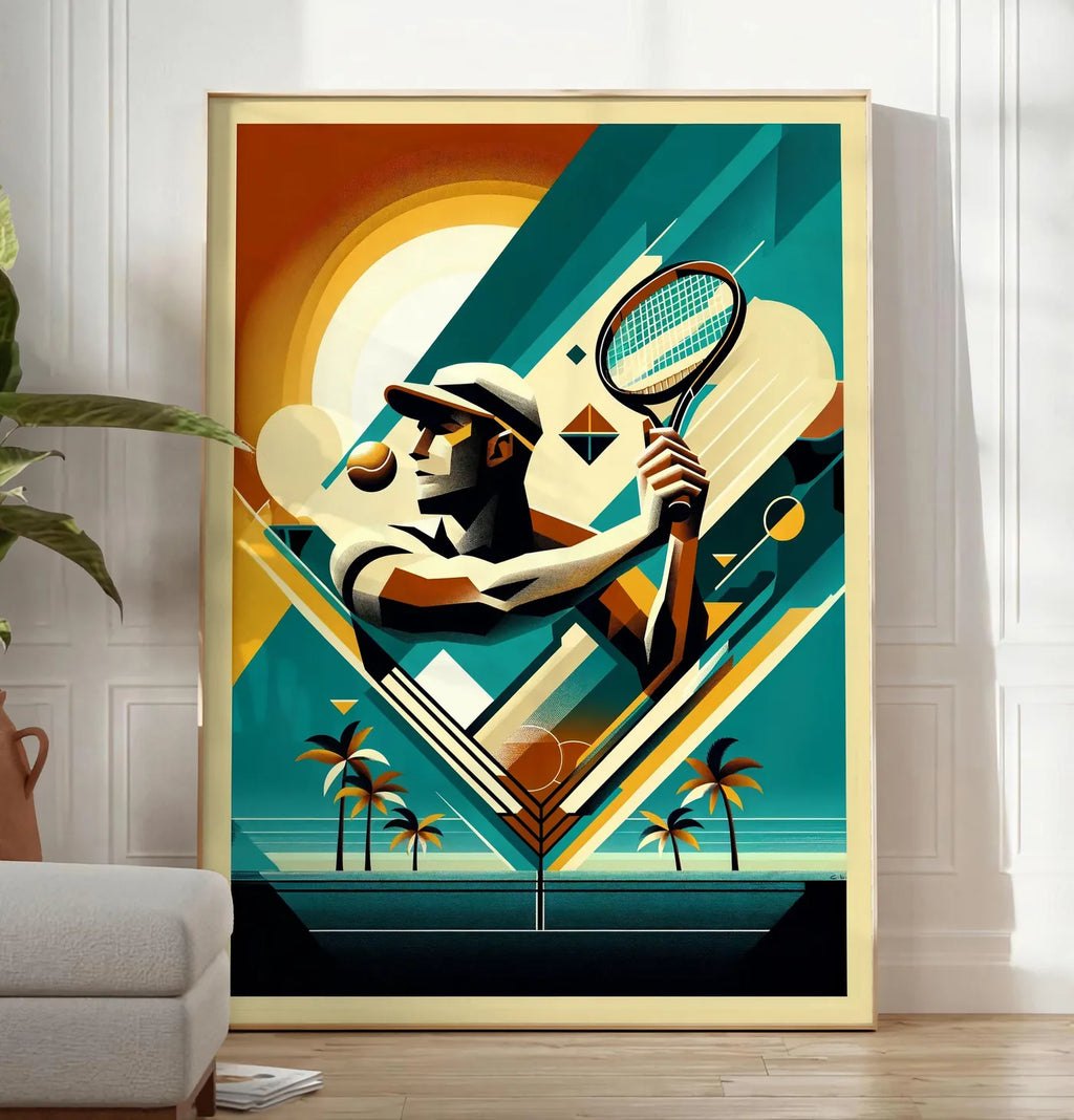 Reproduction joueur de tennis de profil a la raquette, posee au sol dans un salon minimaliste clair, a cote d'un canape beige et d'une plante verte, sur un parquet clair