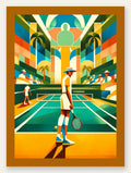 Joueur de tennis au chapeau et palmiers, court turquoise vintage