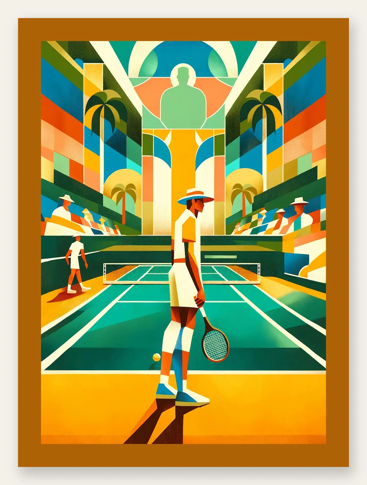 Joueur de tennis au chapeau et palmiers, court turquoise vintage