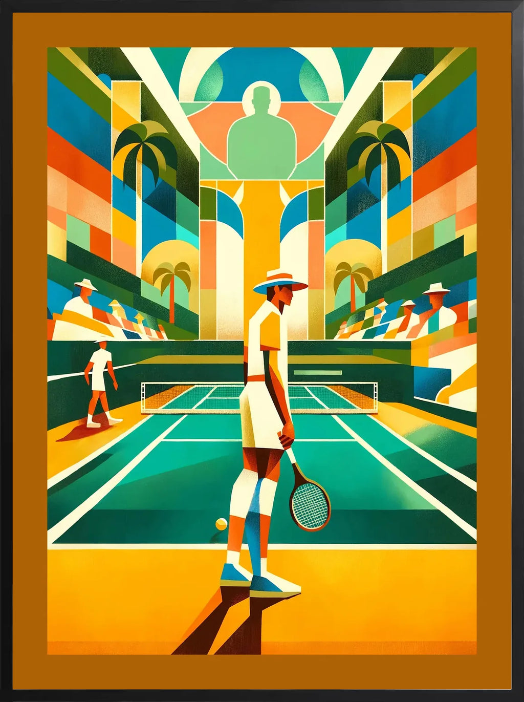 Encadrement noir mat autour de joueur de tennis au chapeau et palmiers, court turquoise vintage