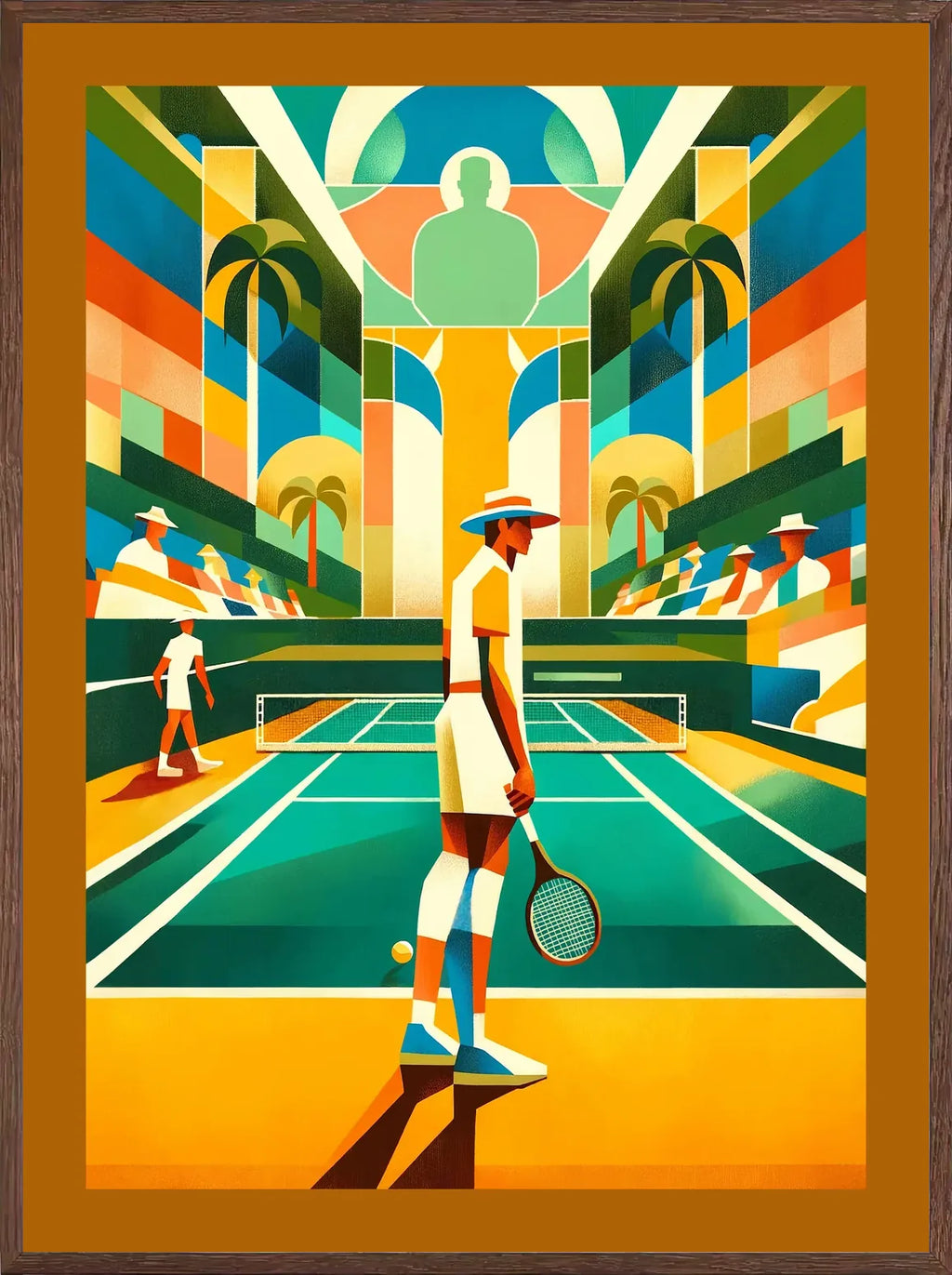 Cadre chene clair entourant joueur de tennis au chapeau et palmiers, court turquoise vintage