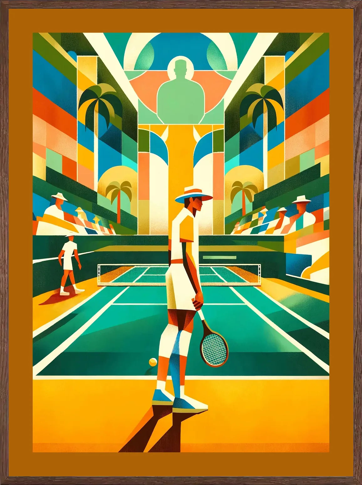 Cadre chene clair entourant joueur de tennis au chapeau et palmiers, court turquoise vintage