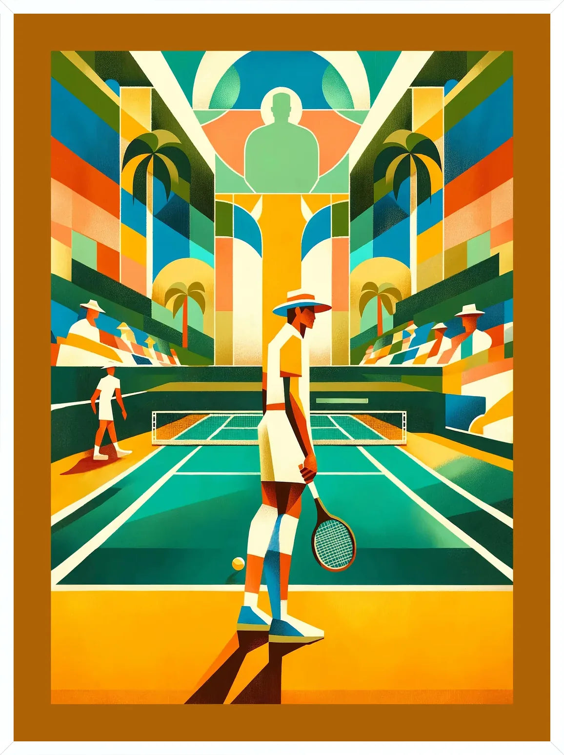 Cadre blanc epure presentant joueur de tennis au chapeau et palmiers, court turquoise vintage