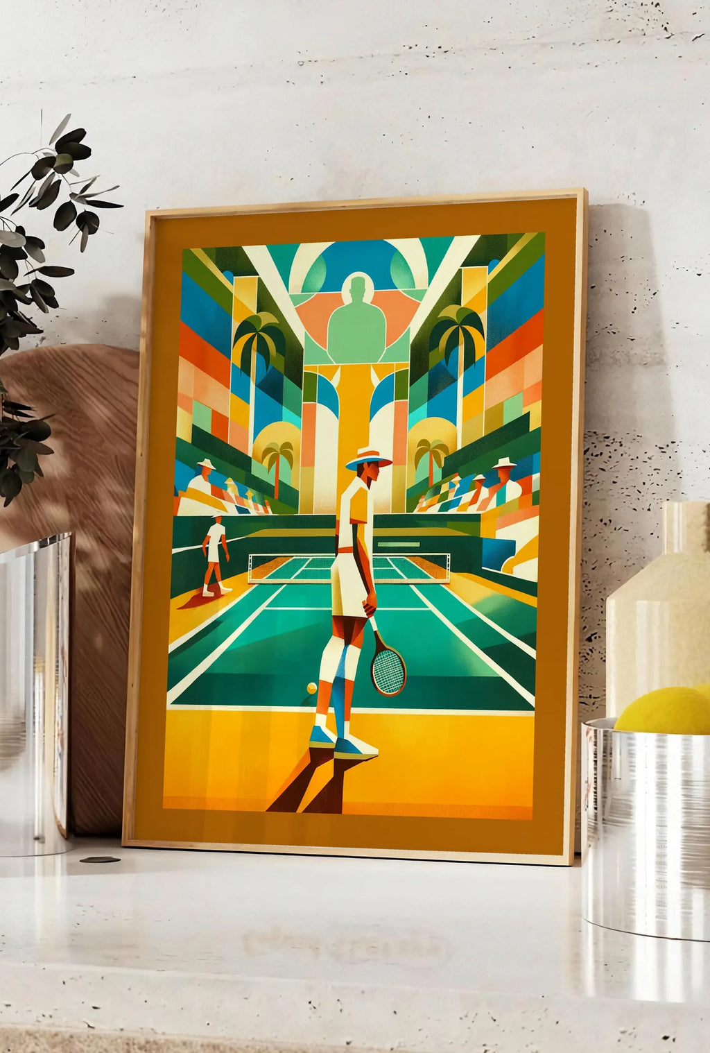 Affiche joueur de tennis au chapeau et palmiers, posee sur un plan de travail de cuisine en pierre claire, entre une branche d'eucalyptus en vase et un bocal de citrons