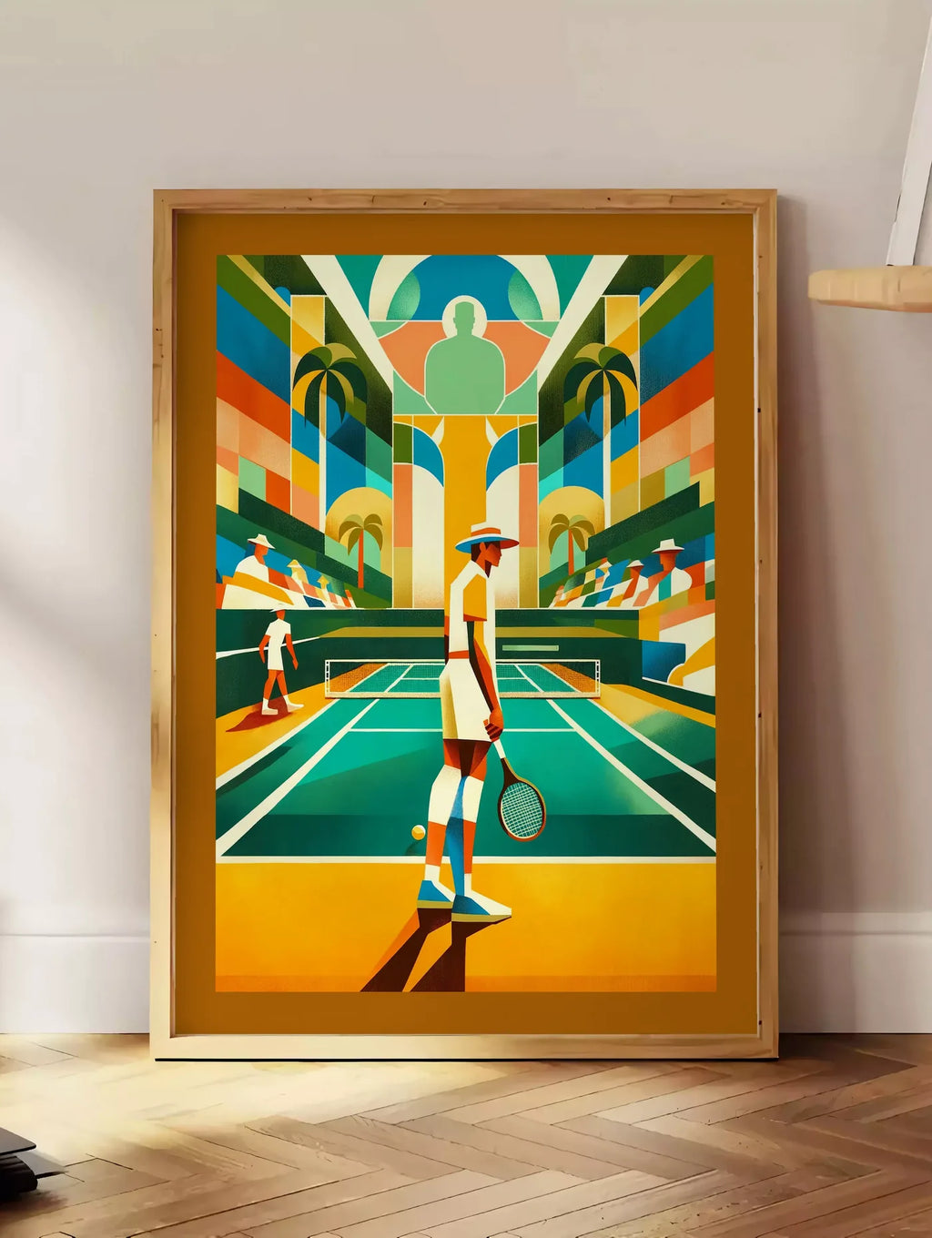 Estampe joueur de tennis au chapeau et palmiers, posee au sol dans un coin salon, sur un parquet a chevrons, pres d'une table d'appoint en chene chargee de livres