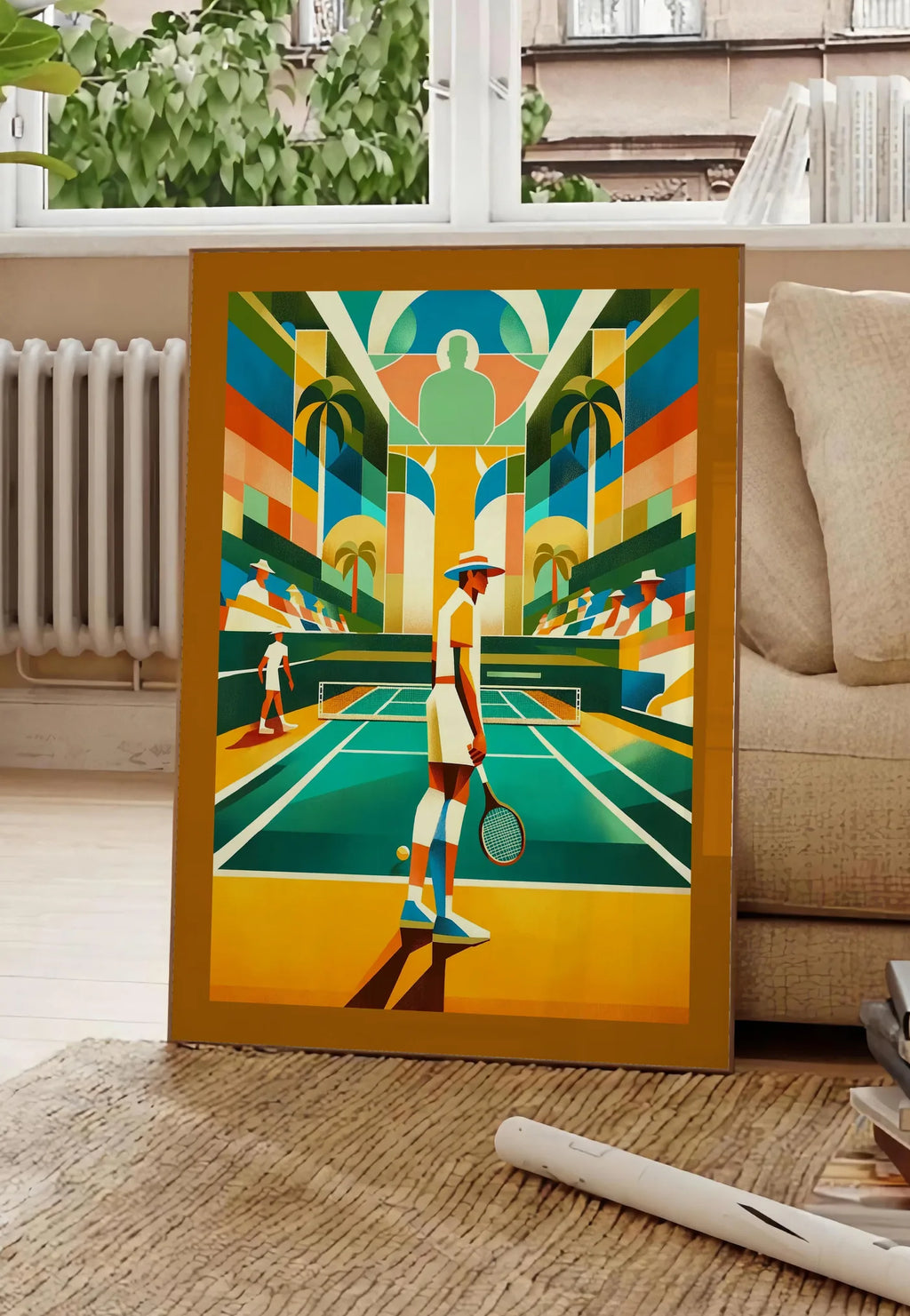 Poster joueur de tennis au chapeau et palmiers, posee au sol dans un salon parisien, devant une grande fenetre donnant sur un immeuble haussmannien, entre un ficus et un canape creme
