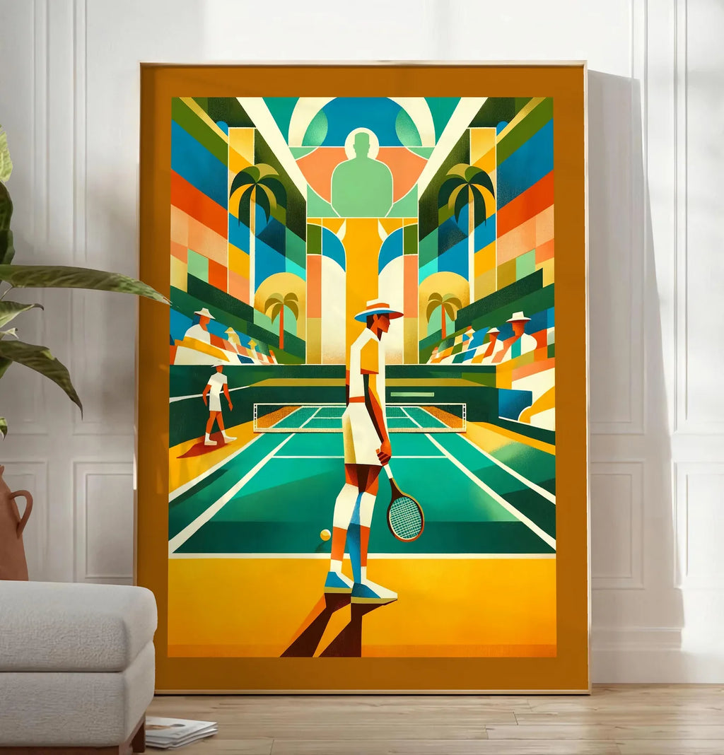 Reproduction joueur de tennis au chapeau et palmiers, posee au sol dans un salon minimaliste clair, a cote d'un canape beige et d'une plante verte, sur un parquet clair