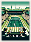 Match de tennis sur un court en gazon vu depuis des spectateurs, palette bleu de cobalt, ocre jaune et noir d'ivoire