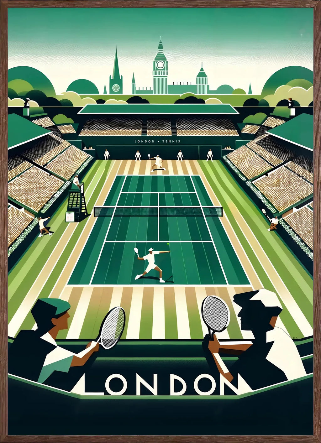Encadré chene, match de tennis sur gazon avec joueurs au premier plan et Big Ben en arrière-plan, finition mat