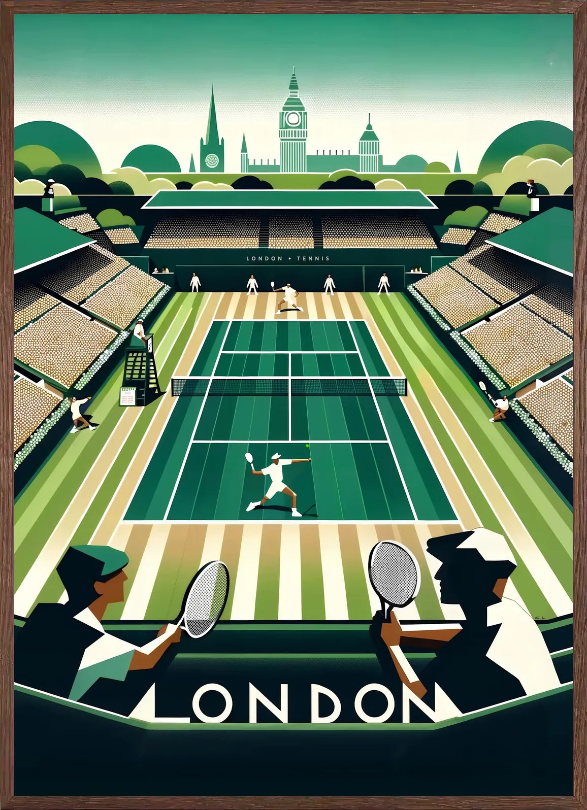 Encadré chene, match de tennis sur gazon avec joueurs au premier plan et Big Ben en arrière-plan, finition mat