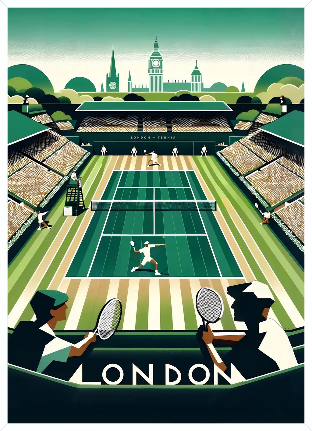 En cadre blanc fin, vue d'un match de tennis sur gazon, joueurs au premier plan et horizon de Londres