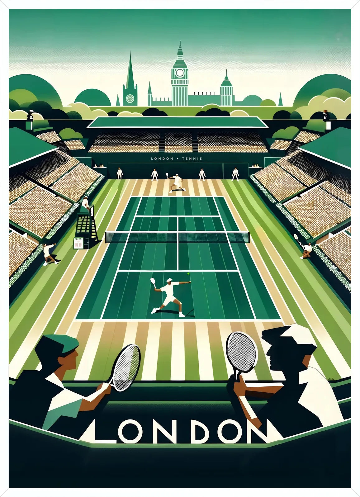 En cadre blanc fin, vue d'un match de tennis sur gazon, joueurs au premier plan et horizon de Londres