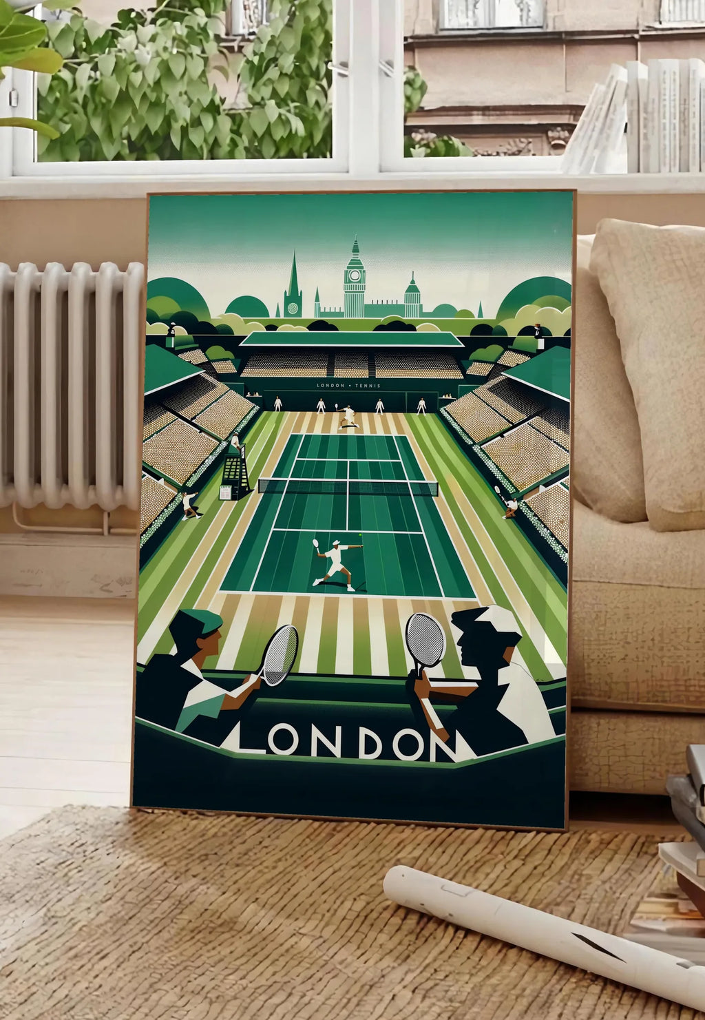 Poster match de tennis sur un court en gazon vu depuis des spectateurs, posee au sol dans un salon parisien, devant une grande fenetre donnant sur un immeuble haussmannien, entre un ficus et un canape creme
